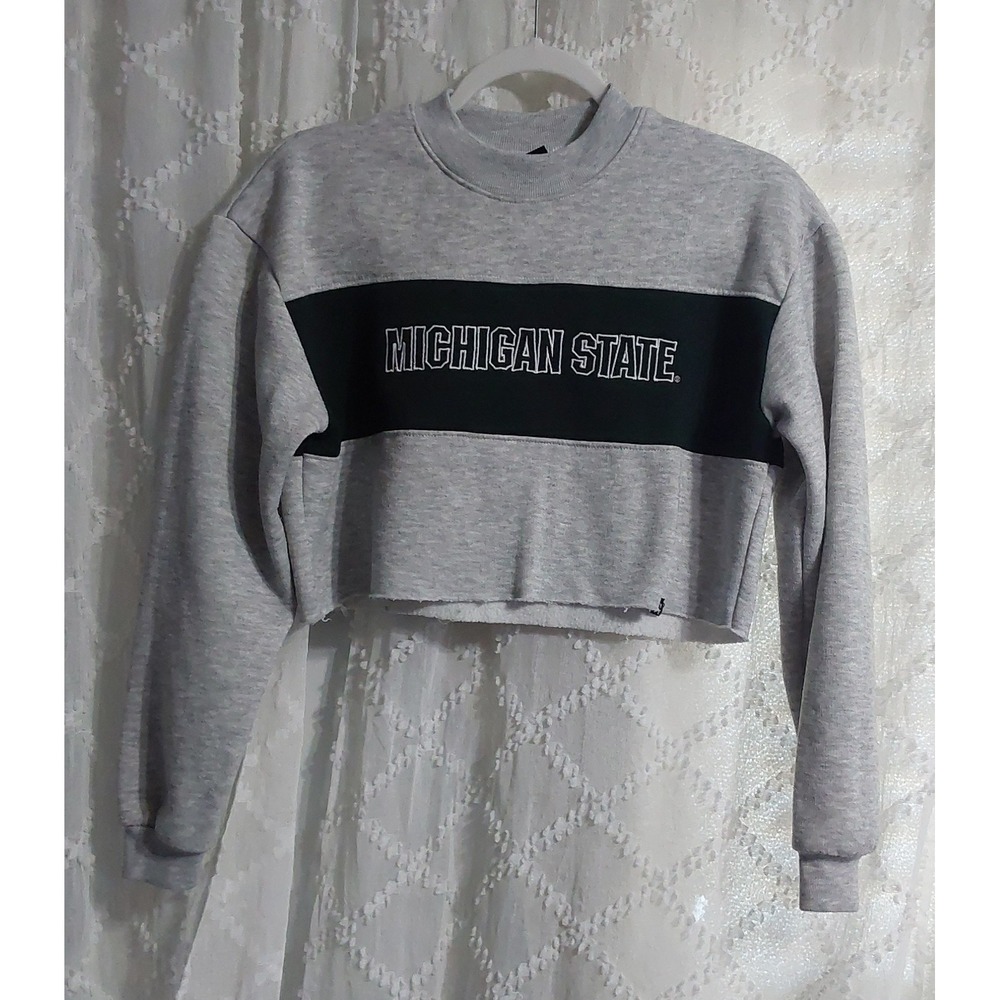 Hype and Vice Michigan State MSU Cropped Sweatshirt Gray Green XS Raw Hem